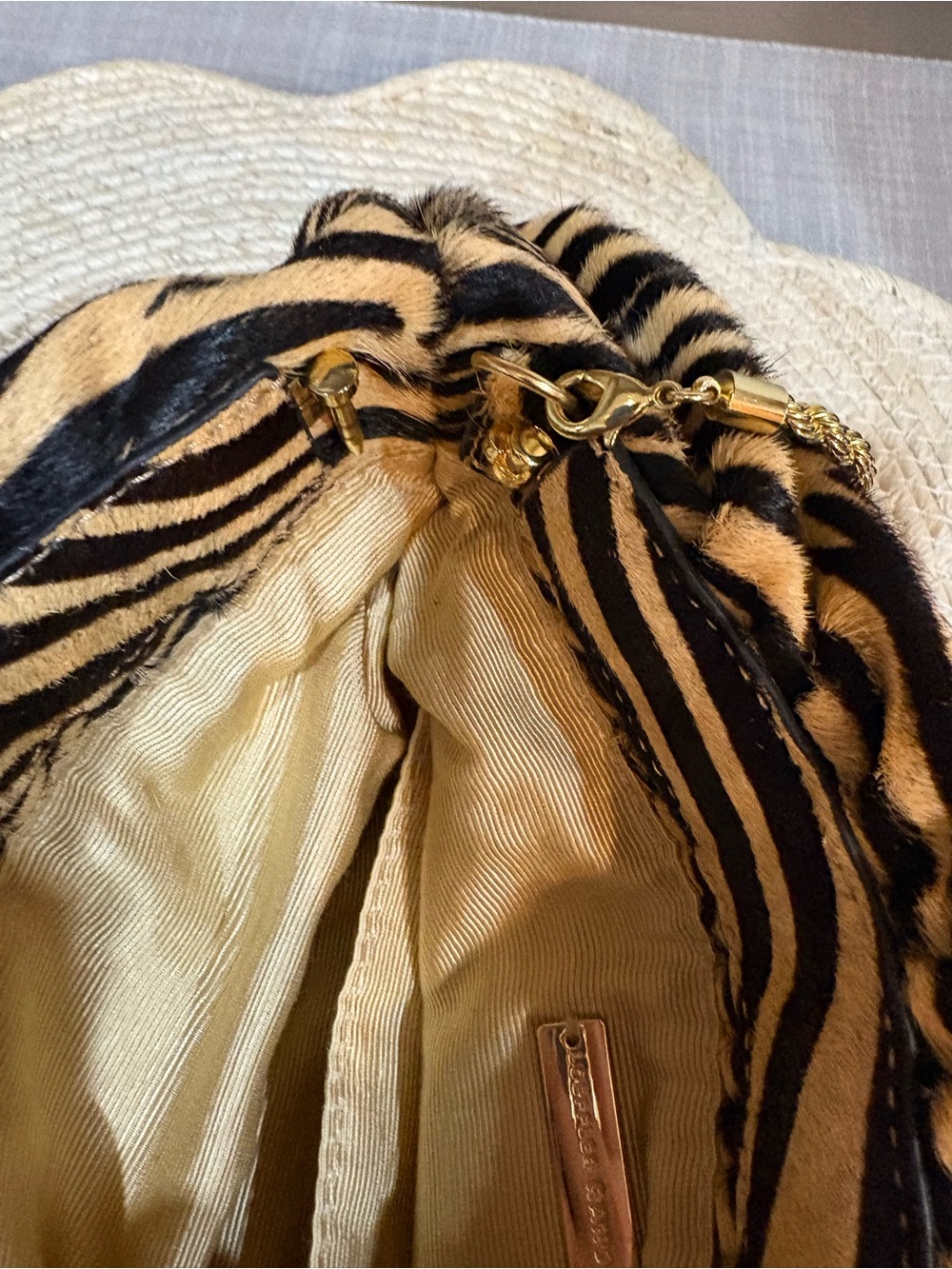 Zebra Print Drawstring Shoulder Bag with Gold Chain - Picture 6 of 10